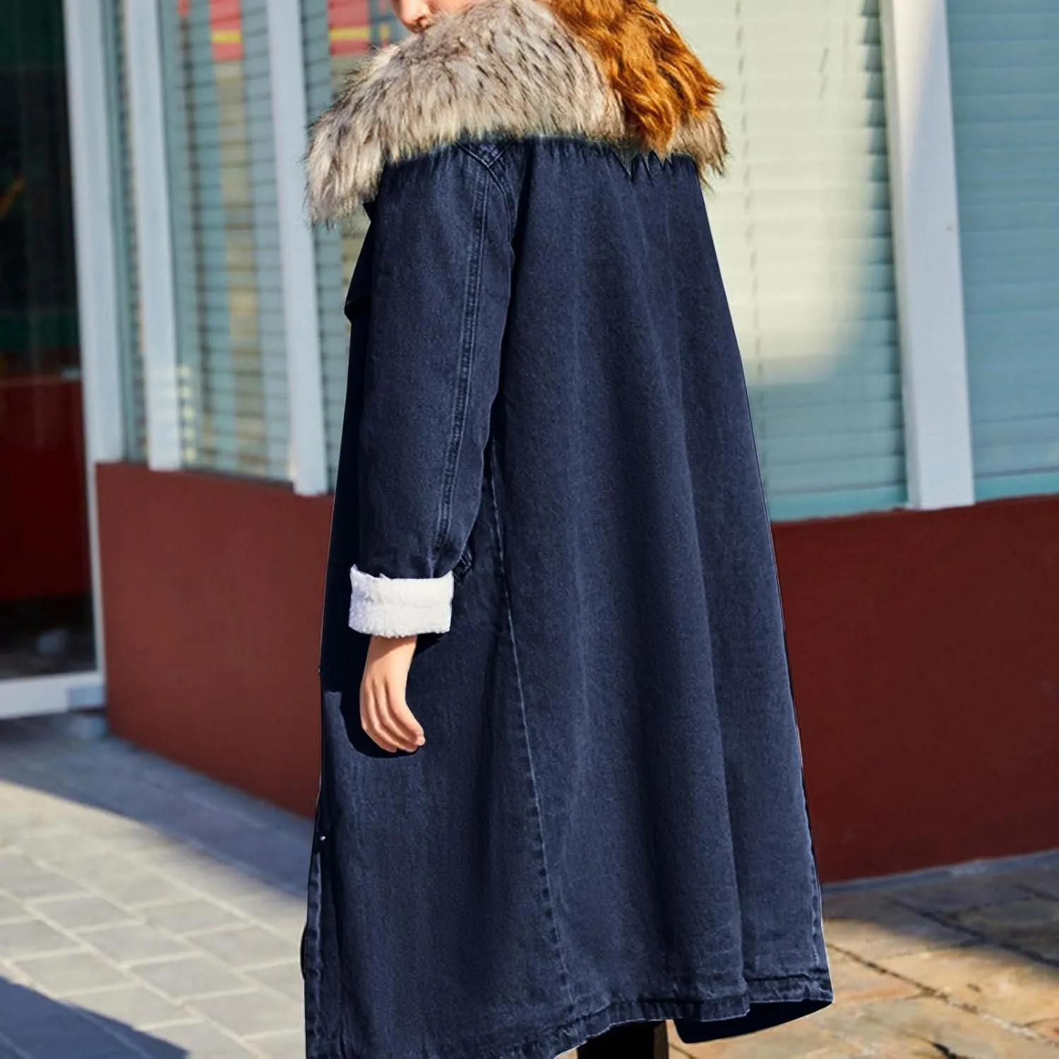 Denim Fleece Long Jacket for Women Long Sleeve Botton Up Plain Plush Trench Coat with Pocket Fuzzy Winter Turn Down Collar