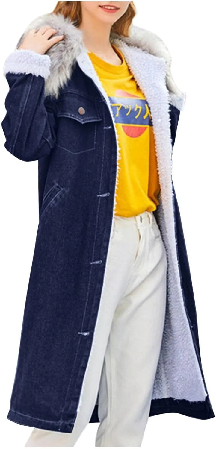 Denim Fleece Long Jacket for Women Long Sleeve Botton Up Plain Plush Trench Coat with Pocket Fuzzy Winter Turn Down Collar