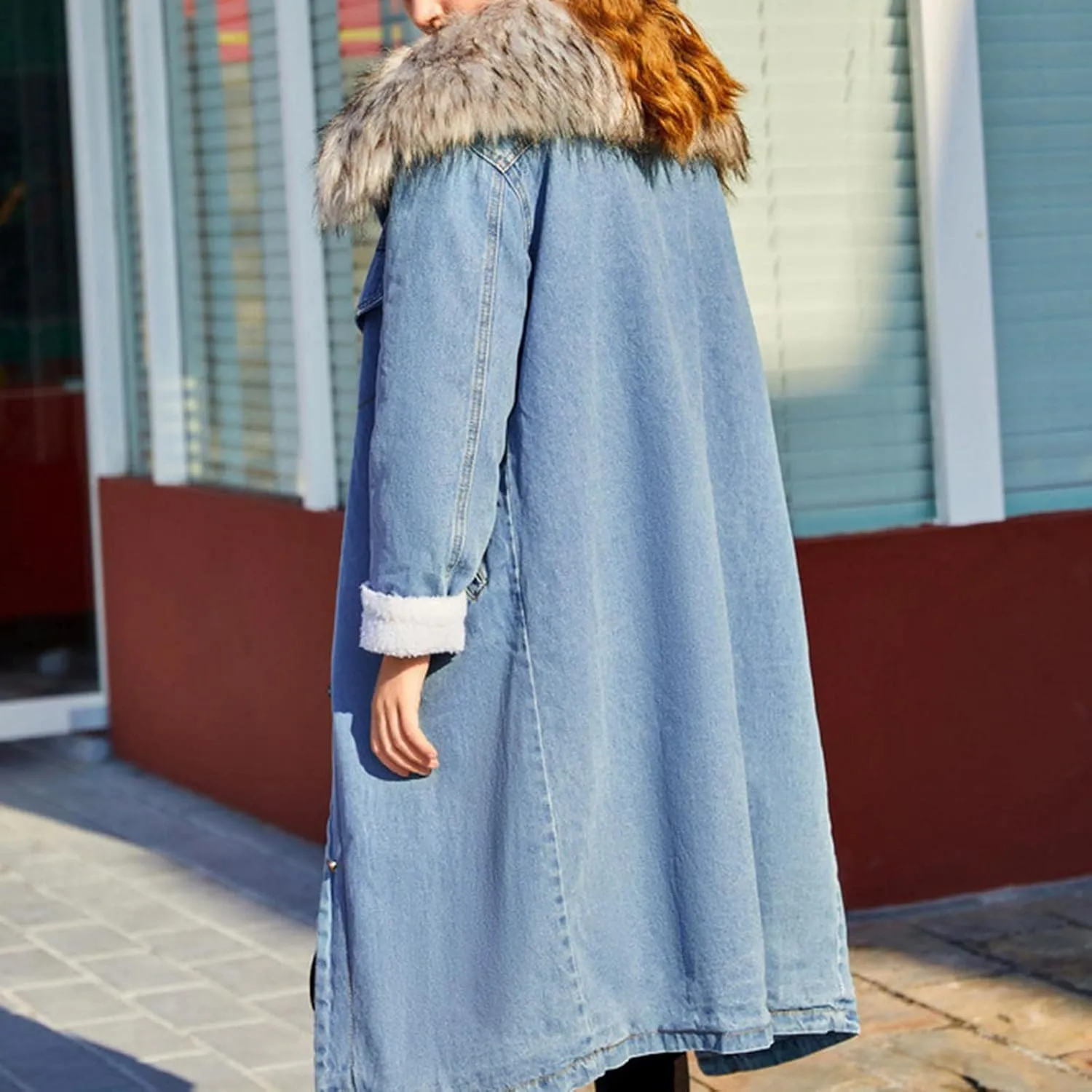 Denim Fleece Long Jacket for Women Long Sleeve Botton Up Plain Plush Trench Coat with Pocket Overcoat Autumn Casual Turn Down