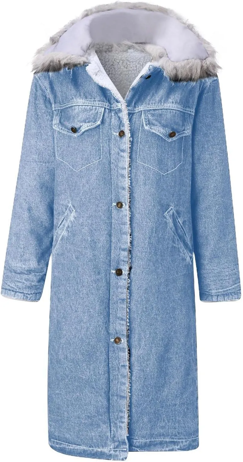 Denim Fleece Long Jacket for Women Long Sleeve Botton Up Plain Plush Trench Coat with Pocket Overcoat Autumn Casual Turn Down