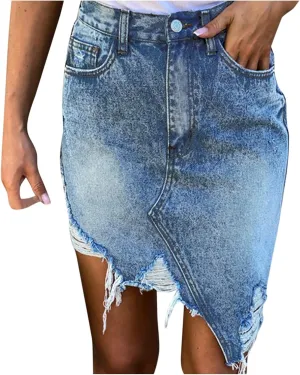 Denim Pencil Skirt Womens High Waisted Ripped Jeans Skirt Pocket Button Zipper Irregular Knee-Length Skirt,Light Blue,M