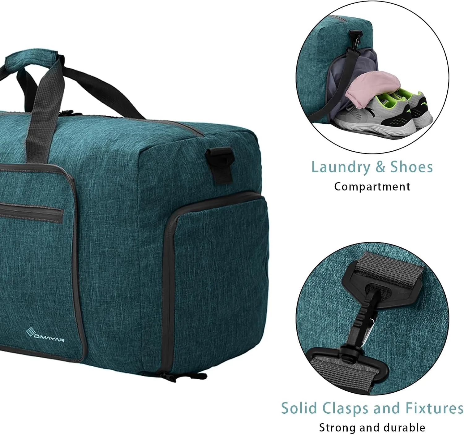 Dimayar 65L Travel Duffle Bag - Foldable Duffel Bag with Shoes Compartment - Overnight Bags Waterproof & Tear Resistant(Green)