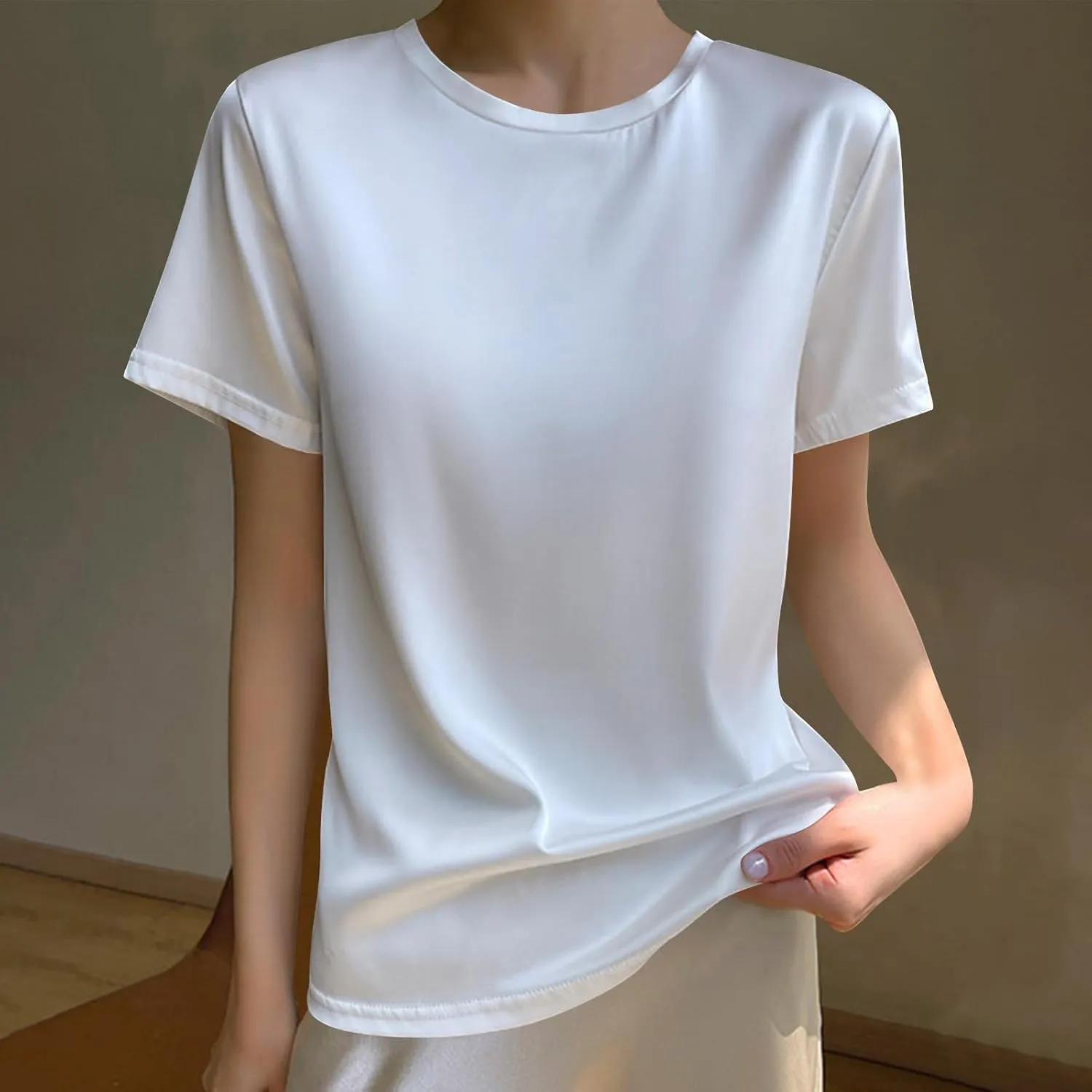 Draping Silk Smooth Satin Tops for Women Crewneck Short Sleeve Tee Basic T-Shirt Dressy Business Office Work Blouse