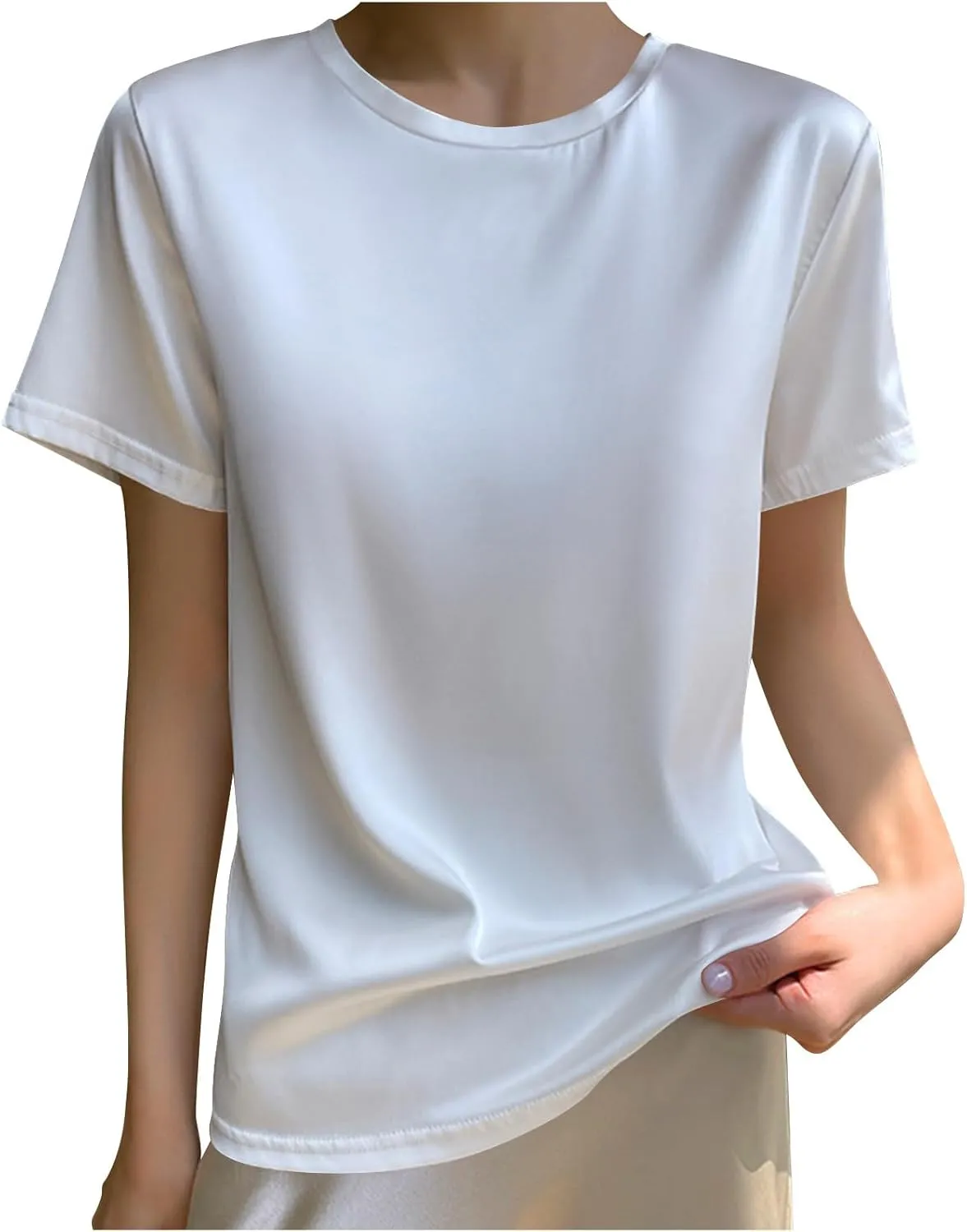 Draping Silk Smooth Satin Tops for Women Crewneck Short Sleeve Tee Basic T-Shirt Dressy Business Office Work Blouse