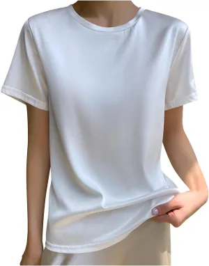 Draping Silk Smooth Satin Tops for Women Crewneck Short Sleeve Tee Basic T-Shirt Dressy Business Office Work Blouse