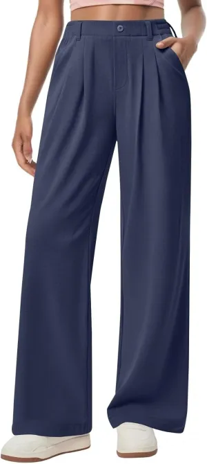 Dress Pants Women Business Casual Button Down Wide Leg Pants Lightweight Dressy Work Chino Pants with Pockets