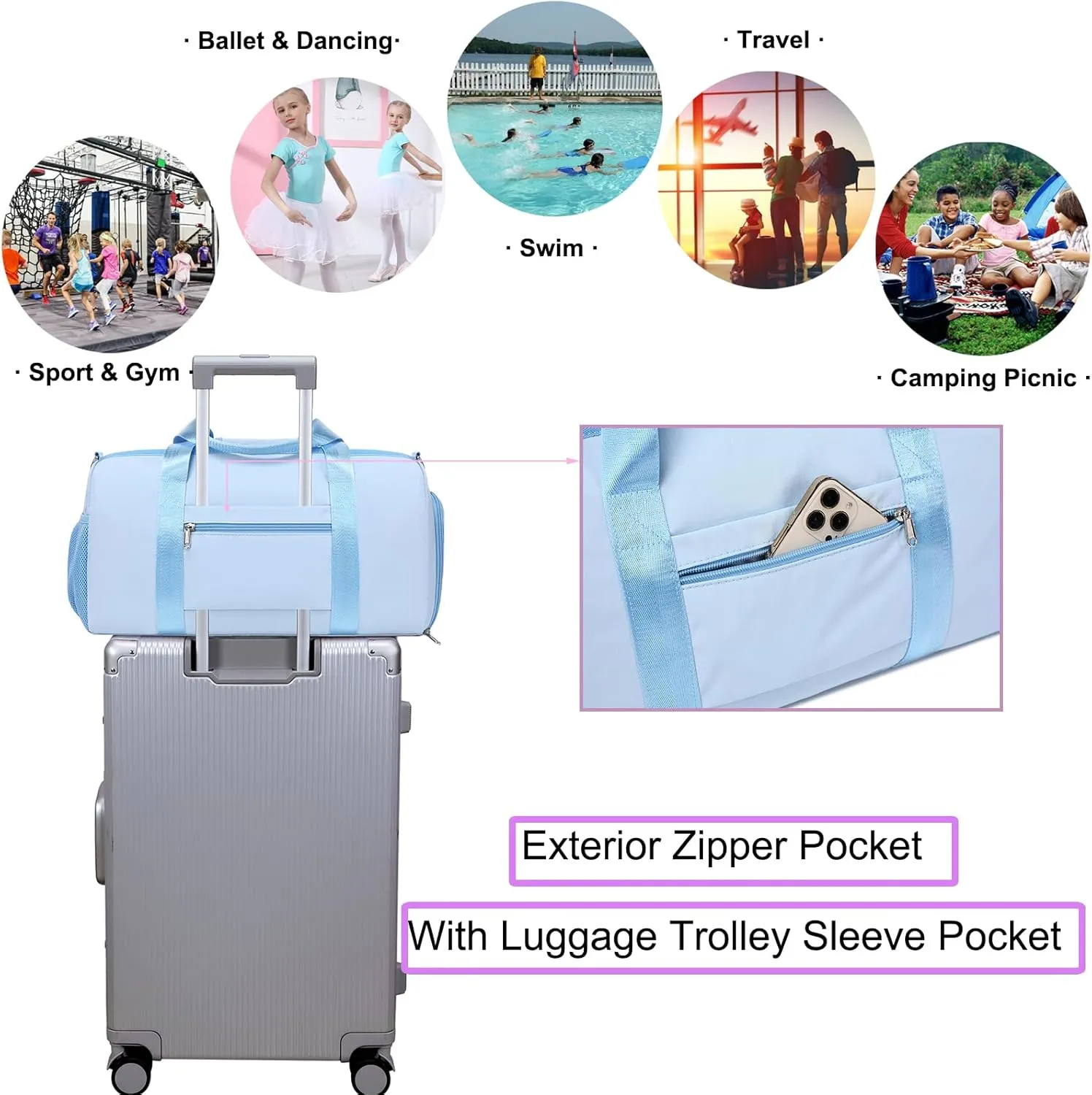 Duffel Bag for Girls Dance Ballet Sports Gym Bag Water Resistant Yoga Travel Bags with Shoes CompartmentBlue