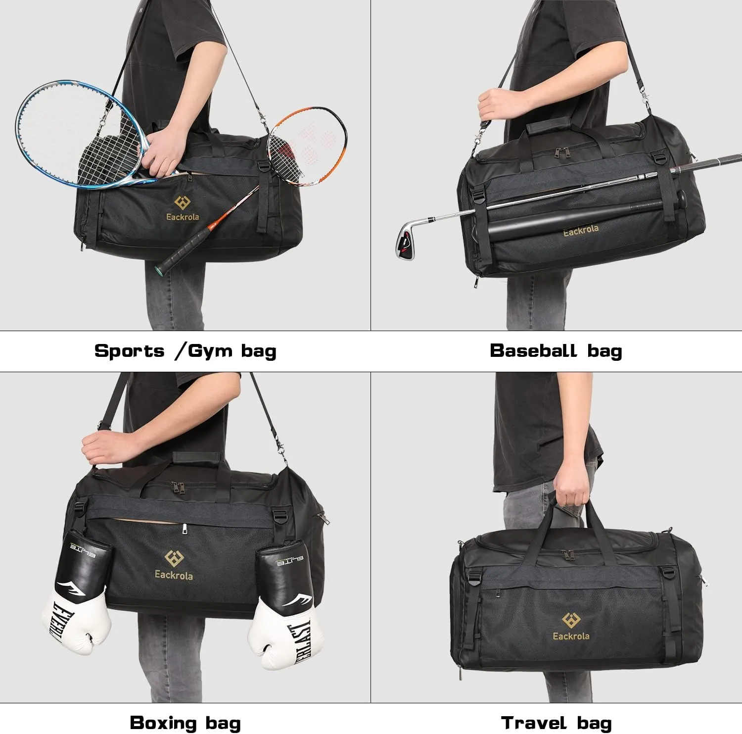 Eackrola Large Sports Gym Bag, Travel Duffel bag with Wet Pocket & Shoes Compartment for men women, 65L, LightweightBlack