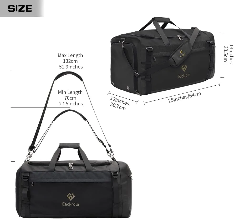 Eackrola Large Sports Gym Bag, Travel Duffel bag with Wet Pocket & Shoes Compartment for men women, 65L, LightweightBlack