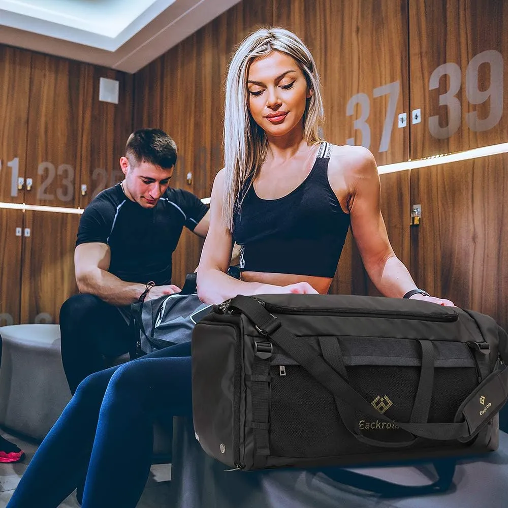 Eackrola Large Sports Gym Bag, Travel Duffel bag with Wet Pocket & Shoes Compartment for men women, 65L, LightweightBlack