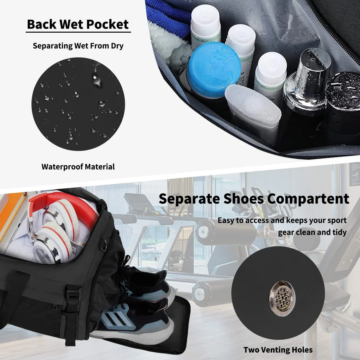 Eackrola Large Sports Gym Bag, Travel Duffel bag with Wet Pocket & Shoes Compartment for men women, 65L, LightweightBlack