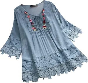 Embroidered Tops for Women Plus Size Vintage Lace Patchwork Bow V-Neck Tops Half Sleeve Boho Cute Mexican T-Shirt