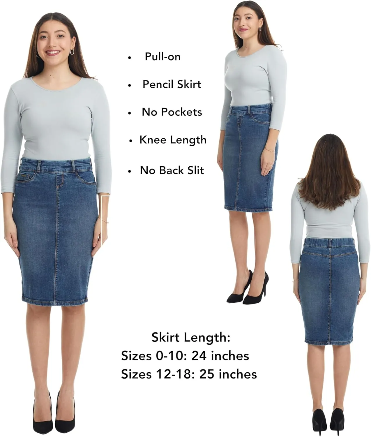ESTEEZ Women's Stretch Denim Pencil Skirt  Soft, Flexible, Body-Hugging, Knee-Length Jean Skirt Brooklyn