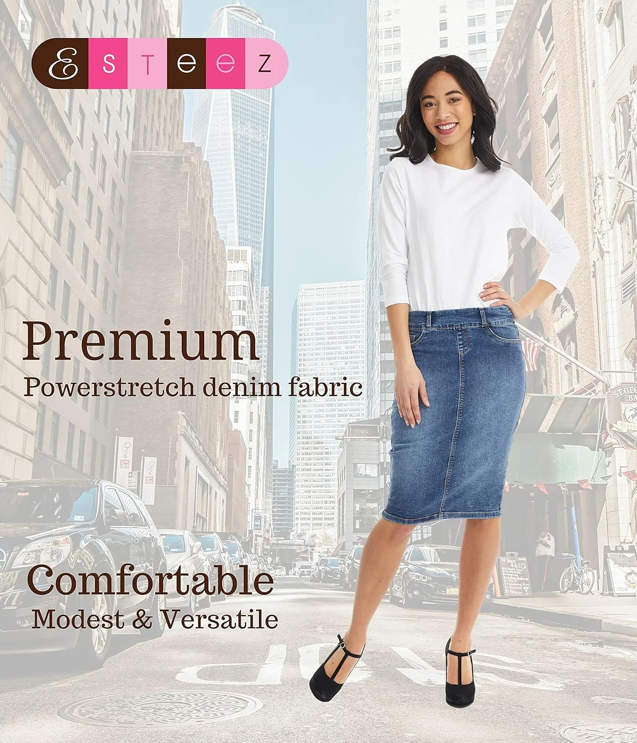 ESTEEZ Women's Stretch Denim Pencil Skirt  Soft, Flexible, Body-Hugging, Knee-Length Jean Skirt Brooklyn