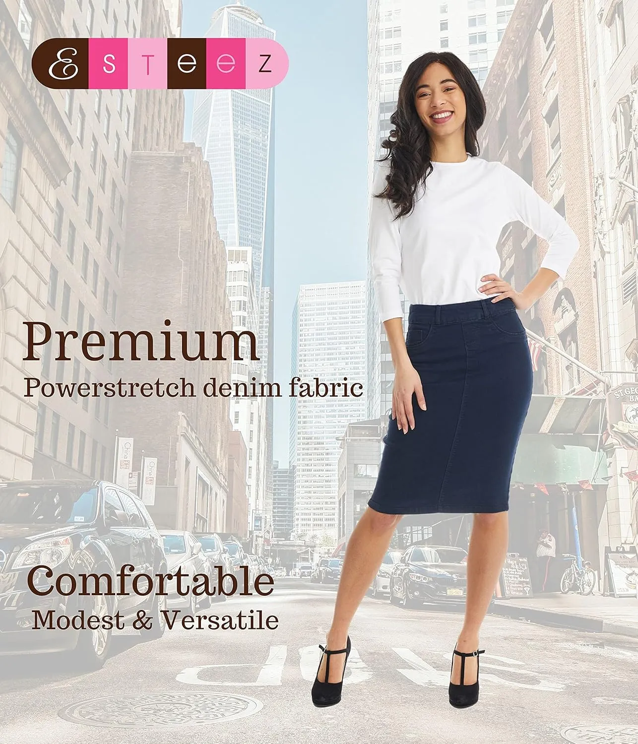 ESTEEZ Women's Stretch Denim Pencil Skirt  Soft, Flexible, Body-Hugging, Knee-Length Jean Skirt Brooklyn