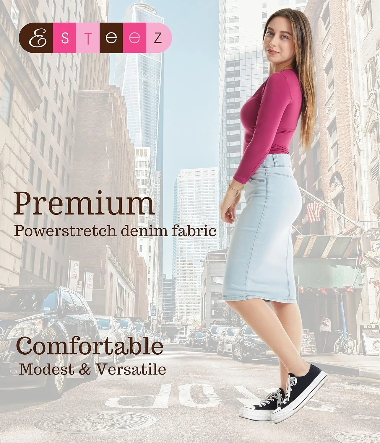 ESTEEZ Women's Stretch Denim Pencil Skirt  Soft, Flexible, Body-Hugging, Knee-Length Jean Skirt Brooklyn