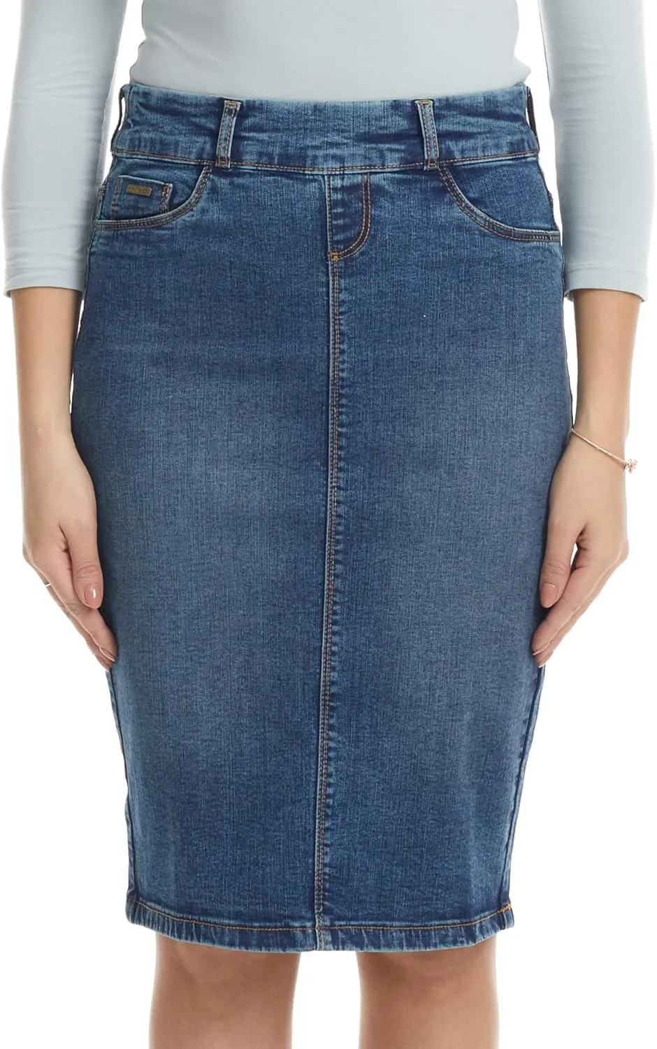ESTEEZ Women's Stretch Denim Pencil Skirt  Soft, Flexible, Body-Hugging, Knee-Length Jean Skirt Brooklyn