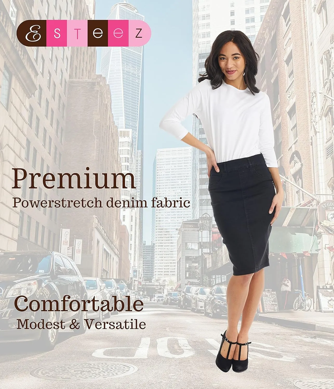 ESTEEZ Women's Stretch Denim Pencil Skirt  Soft, Flexible, Body-Hugging, Knee-Length Jean Skirt Brooklyn