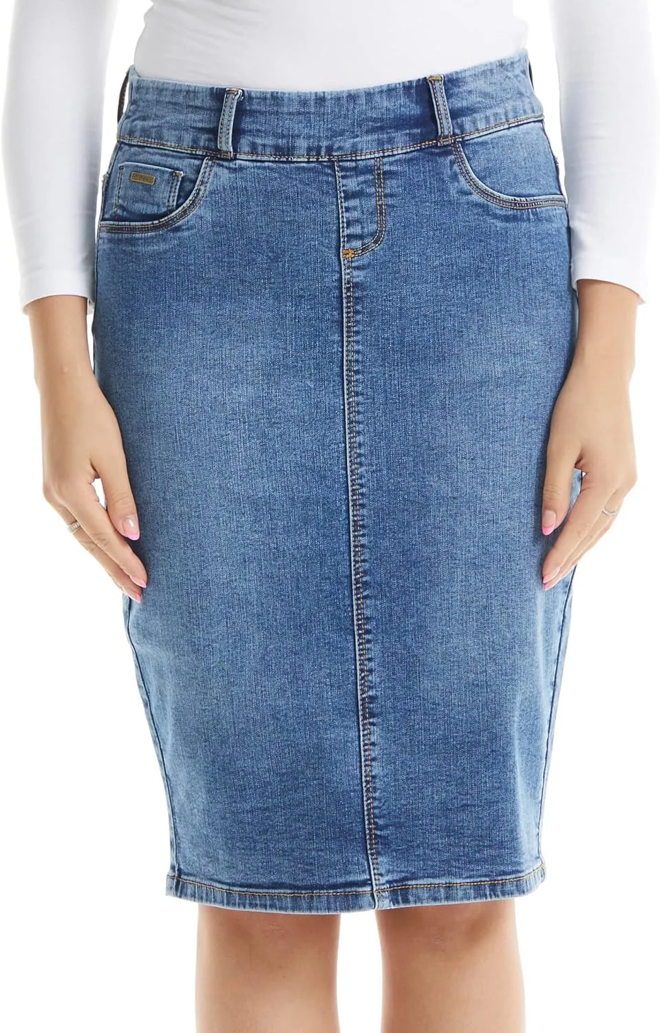 ESTEEZ Women's Stretch Denim Pencil Skirt  Soft, Flexible, Body-Hugging, Knee-Length Jean Skirt Brooklyn