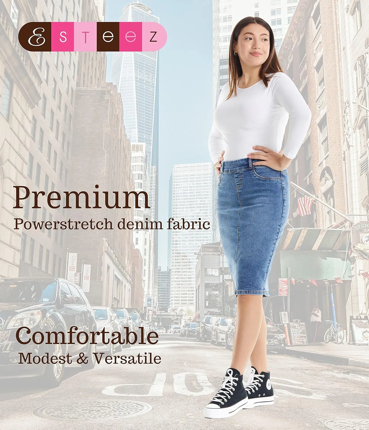 ESTEEZ Women's Stretch Denim Pencil Skirt  Soft, Flexible, Body-Hugging, Knee-Length Jean Skirt Brooklyn