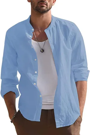 Fashion Mens Striped Button Down Shirts Casual Cotton Line Long Shirts Shirts Spread Collar Beach Tops