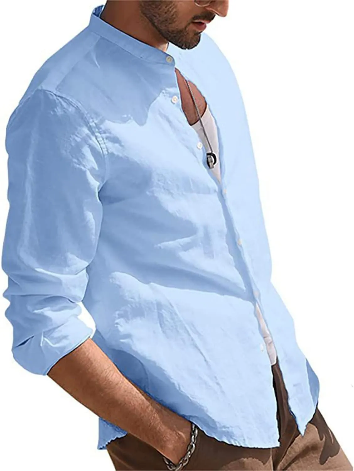 Fashion Mens Striped Button Down Shirts Casual Cotton Line Long Shirts Shirts Spread Collar Beach Tops