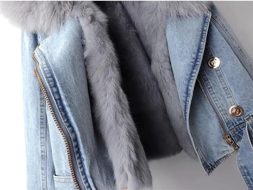 Faux Fur Coat Women Winter Denim Jacket Thickened Rabbit Fur Lined Jean Jackets Shaggy Removable Cropped Top Soft Coat