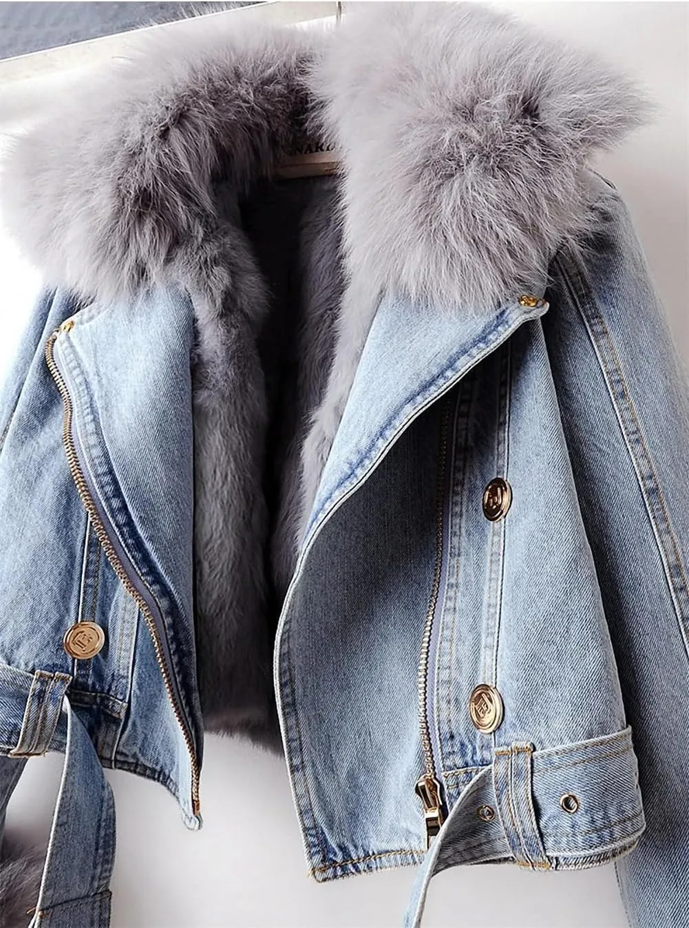 Faux Fur Coat Women Winter Denim Jacket Thickened Rabbit Fur Lined Jean Jackets Shaggy Removable Cropped Top Soft Coat