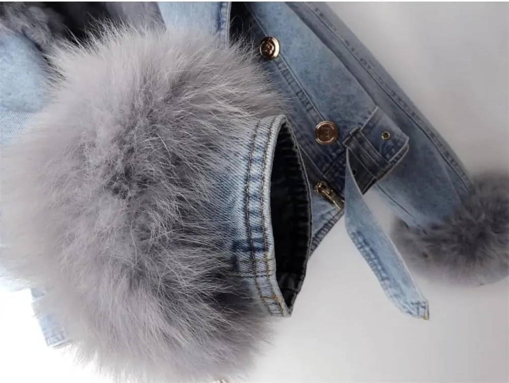 Faux Fur Coat Women Winter Denim Jacket Thickened Rabbit Fur Lined Jean Jackets Shaggy Removable Cropped Top Soft Coat