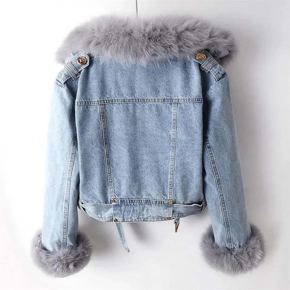 Faux Fur Coat Women Winter Denim Jacket Thickened Rabbit Fur Lined Jean Jackets Shaggy Removable Cropped Top Soft Coat