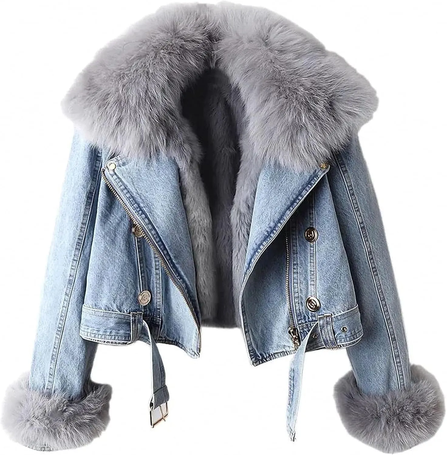 Faux Fur Coat Women Winter Denim Jacket Thickened Rabbit Fur Lined Jean Jackets Shaggy Removable Cropped Top Soft Coat
