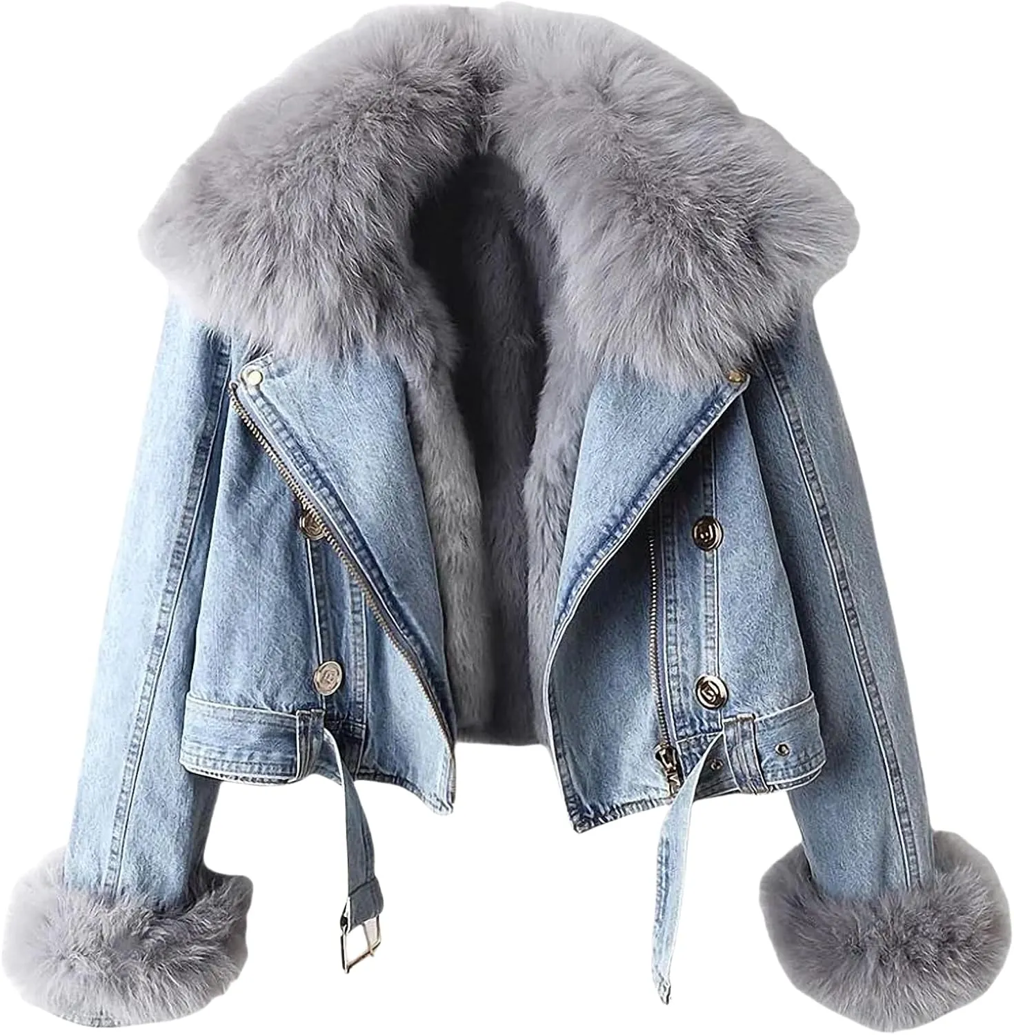 Faux Fur Coat Women Winter Denim Jacket Thickened Rabbit Fur Lined Jean Jackets Shaggy Removable Cropped Top Soft Coat