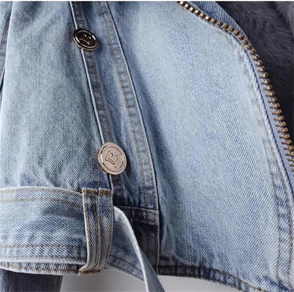 Faux Fur Coat Women Winter Denim Jacket Thickened Rabbit Fur Lined Jean Jackets Shaggy Removable Cropped Top Soft Coat