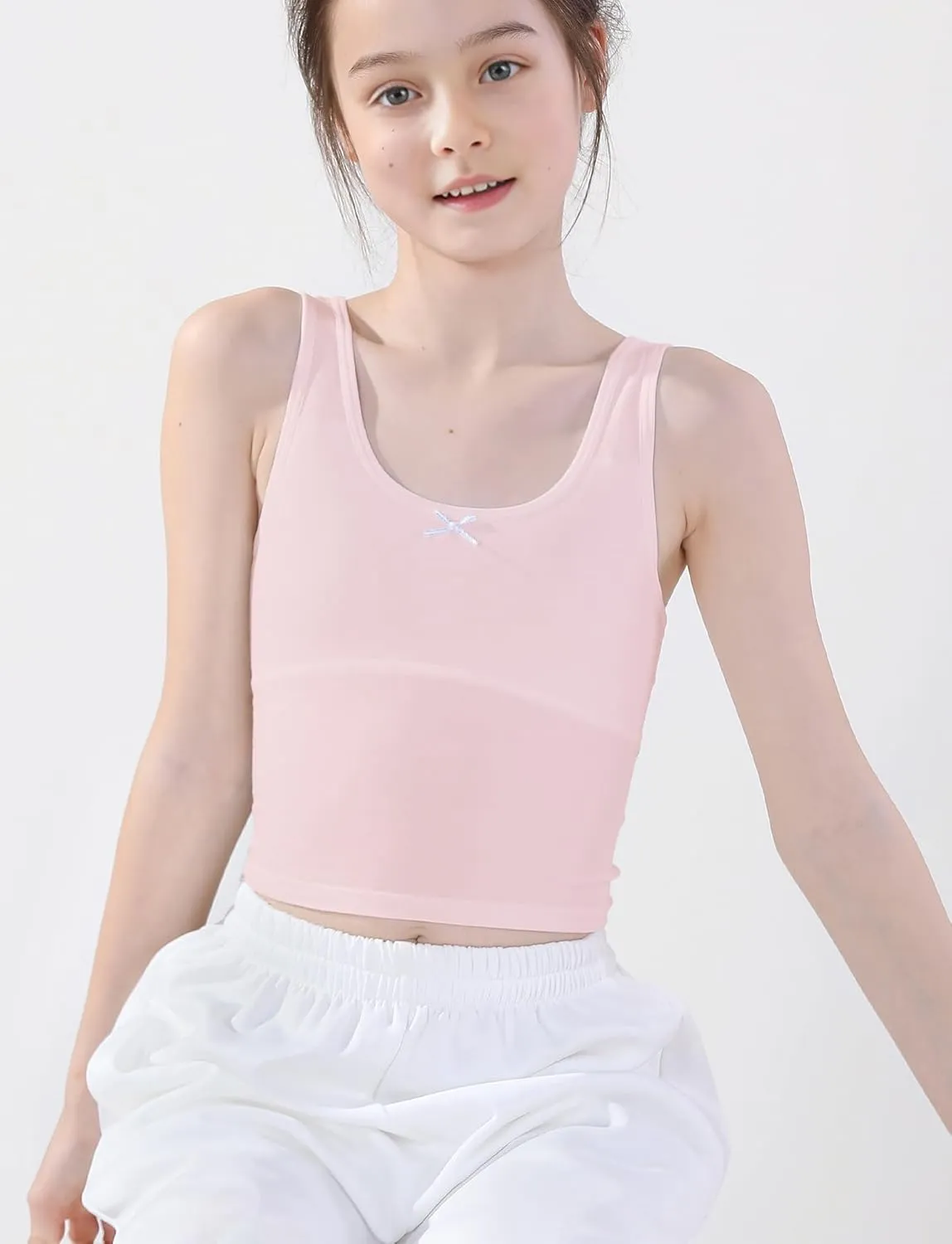 FEOYA Teen Girls Camisole Training Cotton Bra Round Neck Tank Top with Shelf Bra 2/3 Pack