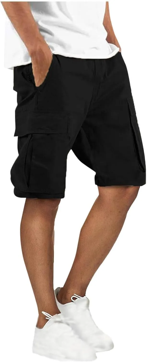 Finelylove Mens Cargo Shorts Relaxed Fit Elastic Waist Summer Casual Hiking Work Shorts Lightweight Straight Joggers Pants