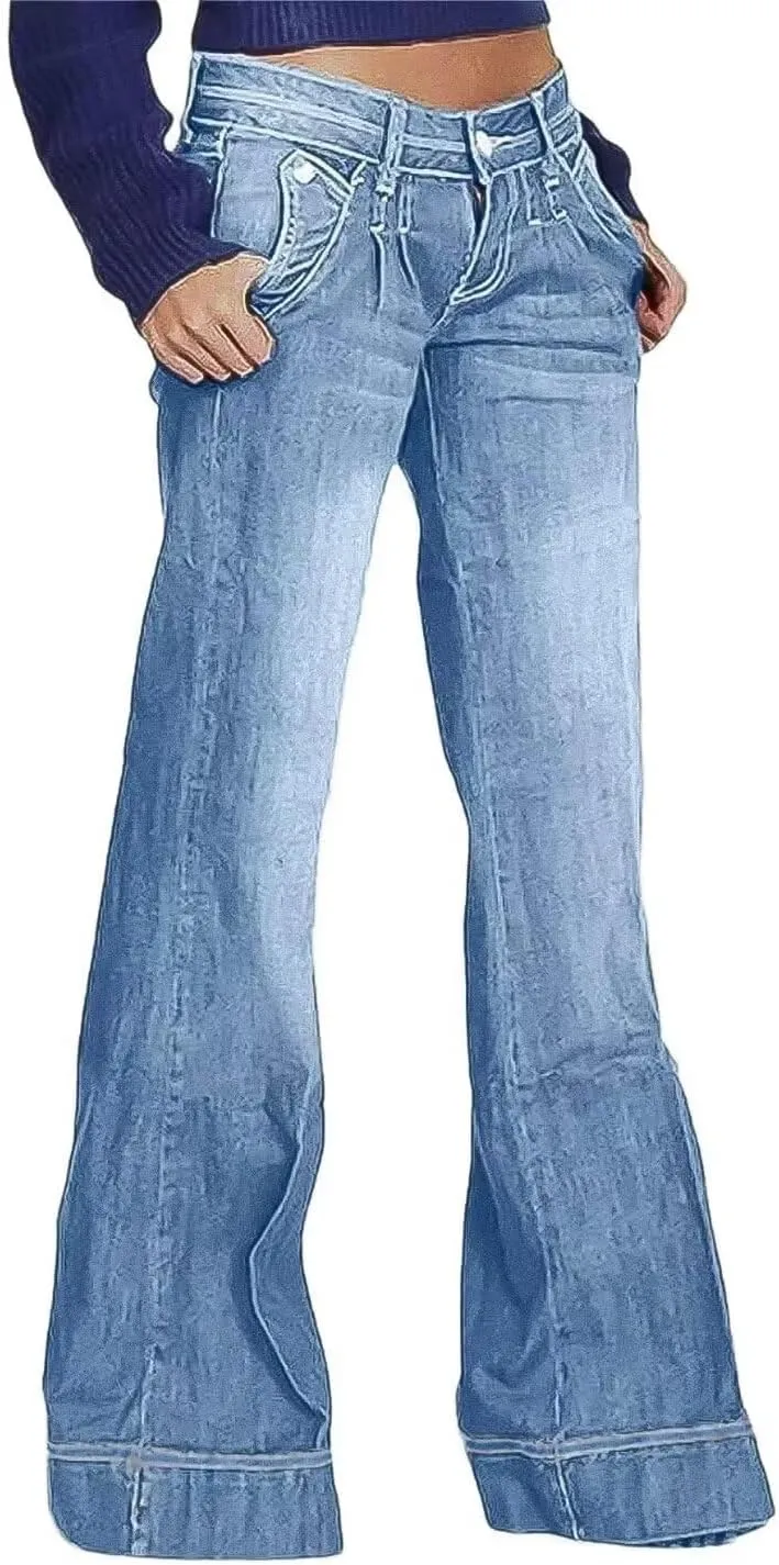 Flamingals Low Rise Straight Leg Wide Leg Baggy Jeans Women Stretch Boyfriend Butterfly Flare Denim Pants