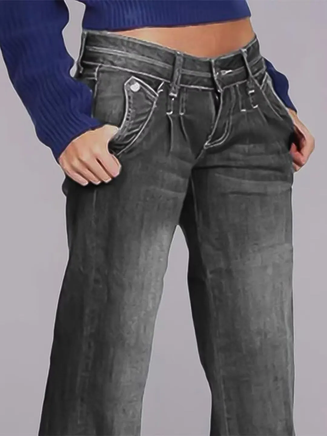 Flamingals Low Rise Straight Leg Wide Leg Baggy Jeans Women Stretch Boyfriend Butterfly Flare Denim Pants