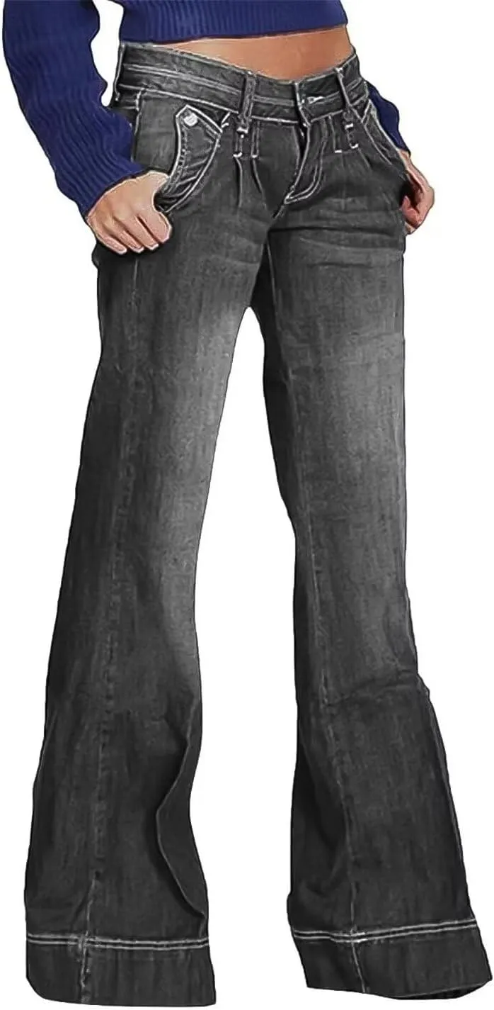 Flamingals Low Rise Straight Leg Wide Leg Baggy Jeans Women Stretch Boyfriend Butterfly Flare Denim Pants