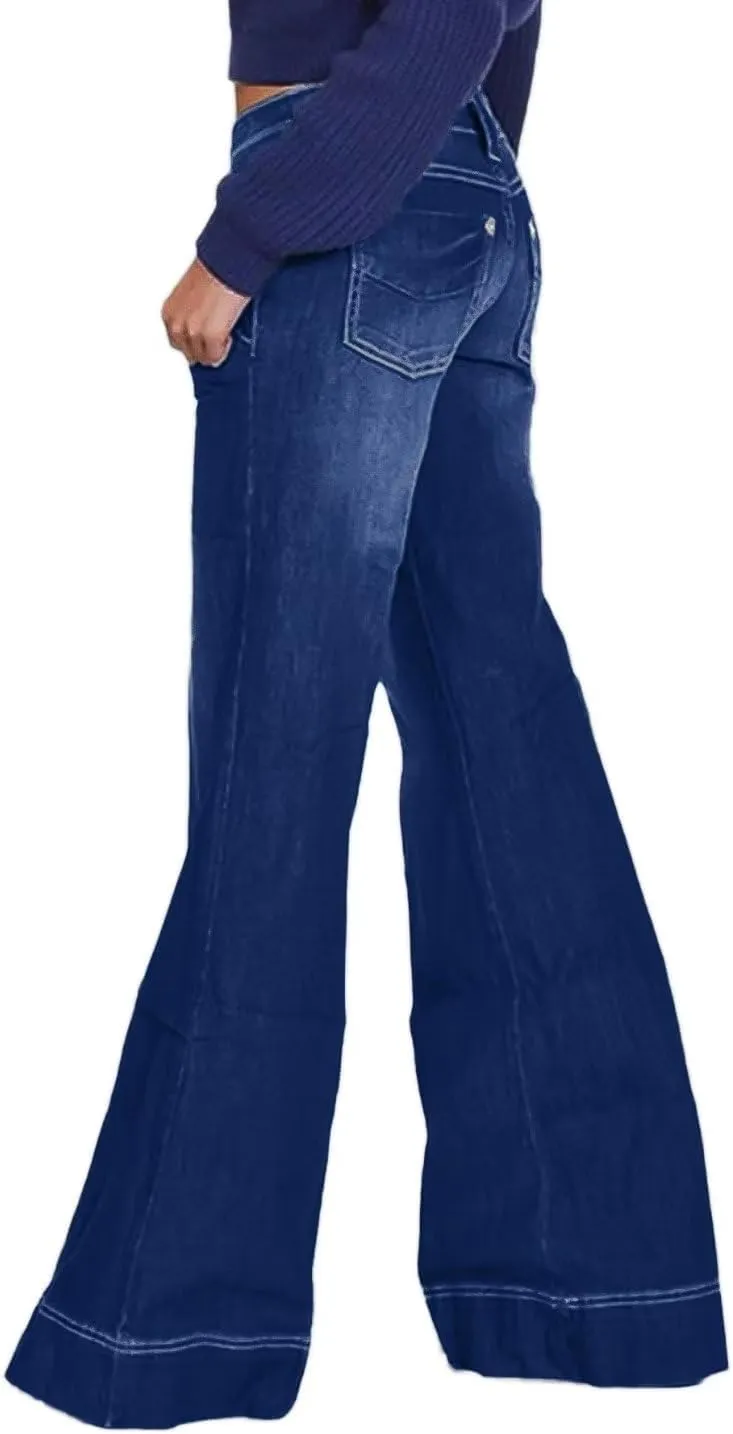 Flamingals Low Rise Straight Leg Wide Leg Baggy Jeans Women Stretch Boyfriend Butterfly Flare Denim Pants