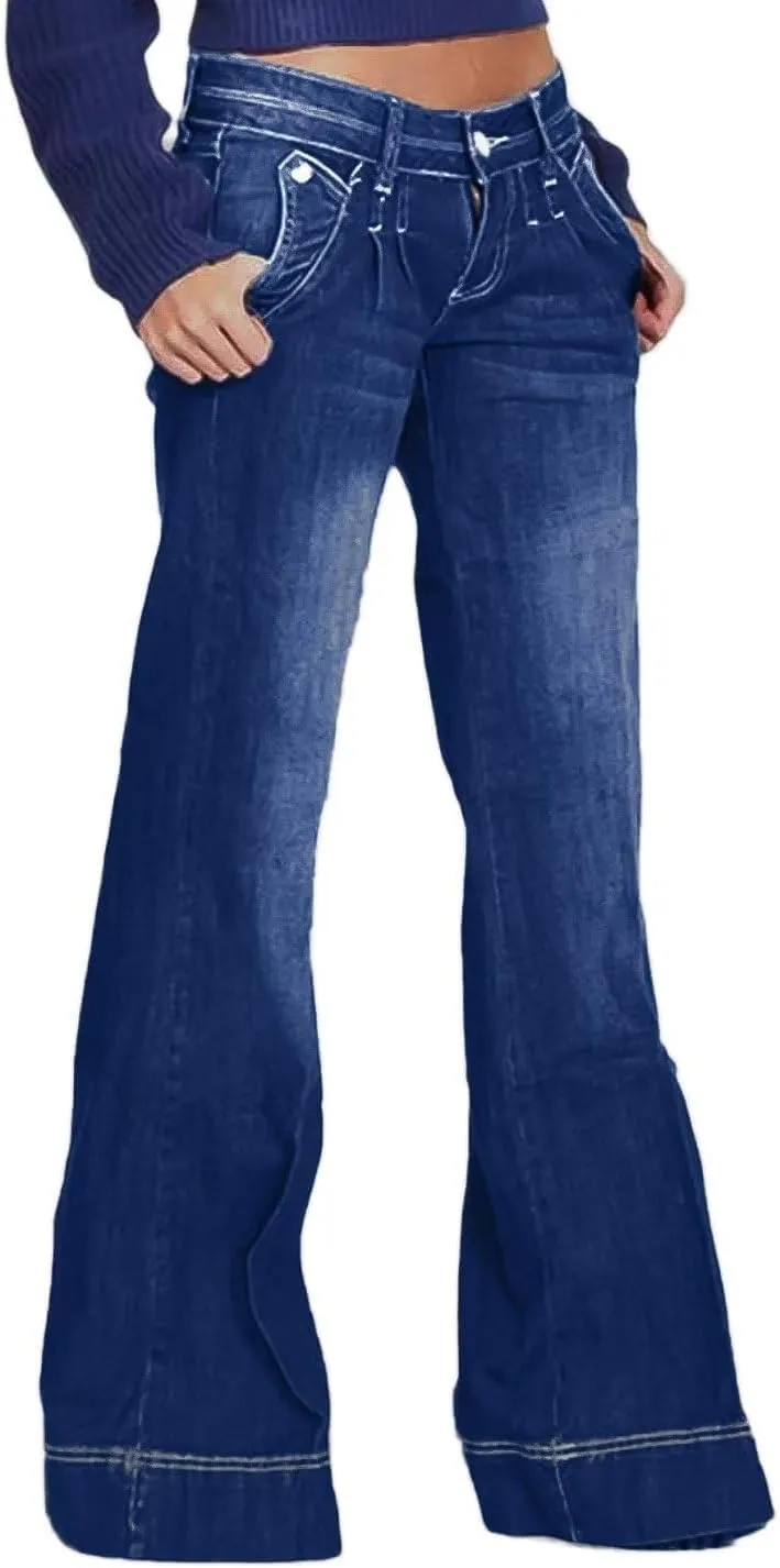 Flamingals Low Rise Straight Leg Wide Leg Baggy Jeans Women Stretch Boyfriend Butterfly Flare Denim Pants