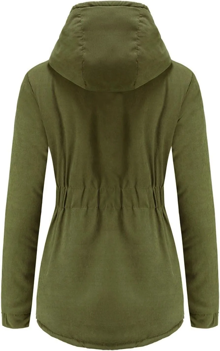 Fleece Coat for Women Long Sleeve Botton Full Zip Plain Hooded Plush Jacket with Pocket Mid Length Overcoat Fuzzy Trendy
