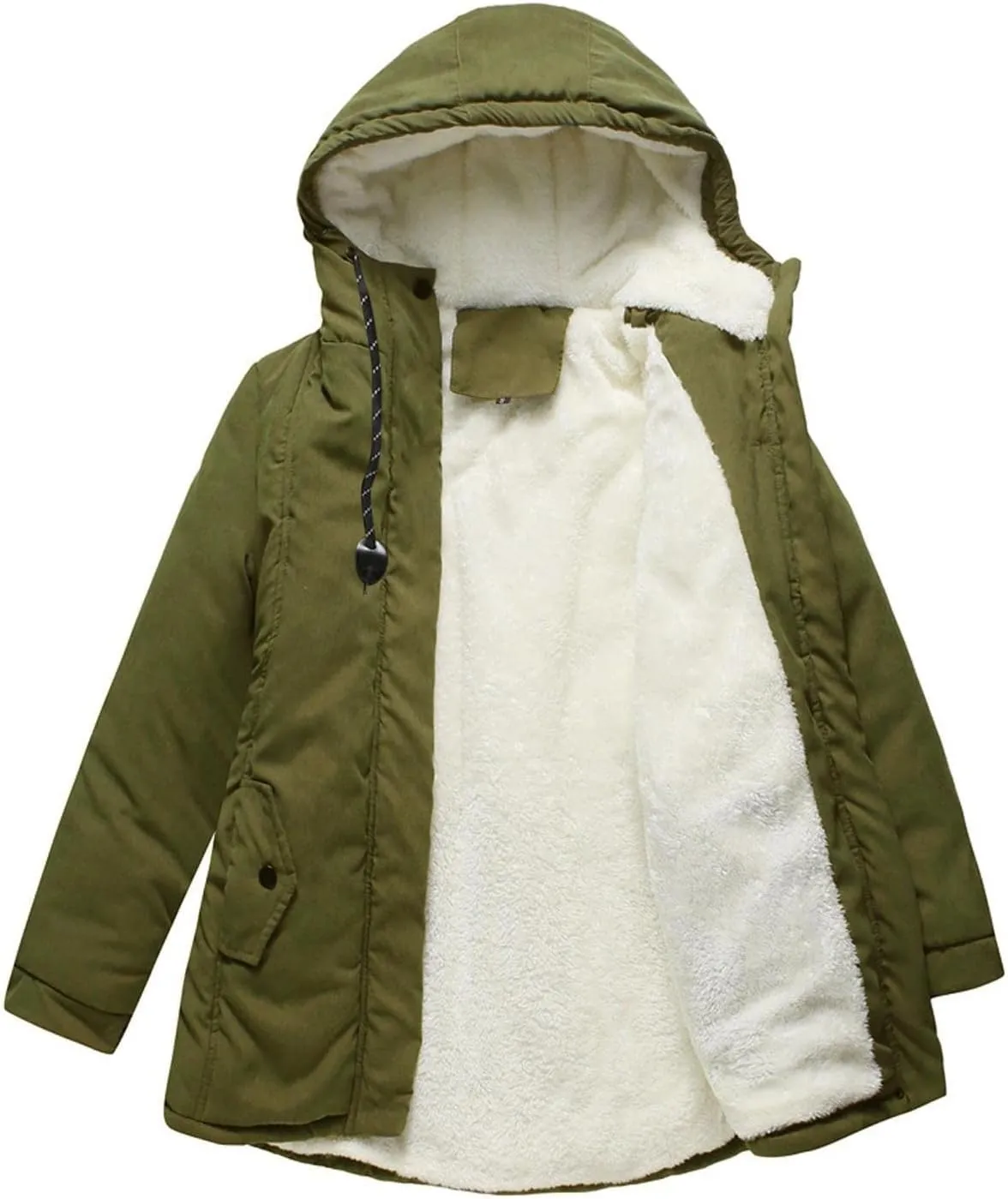 Fleece Coat for Women Long Sleeve Botton Full Zip Plain Hooded Plush Jacket with Pocket Mid Length Overcoat Fuzzy Trendy