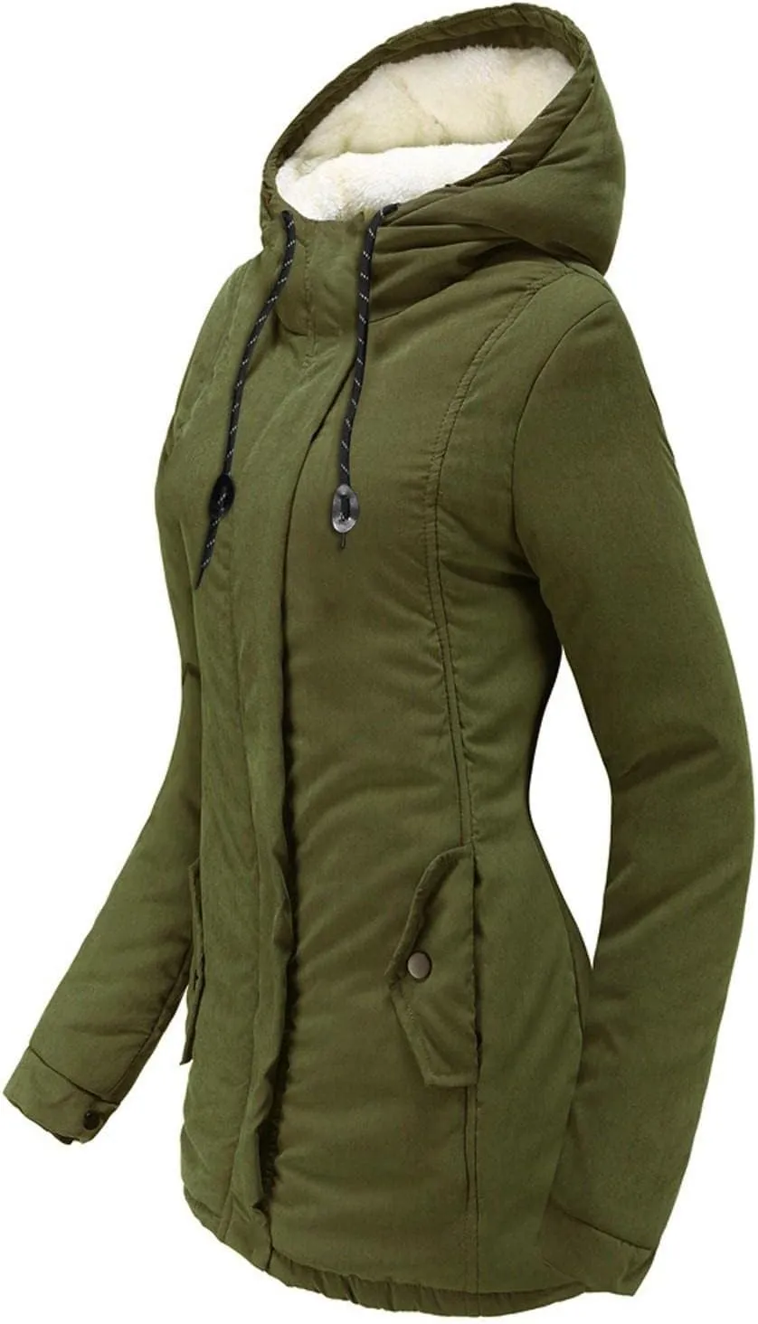 Fleece Coat for Women Long Sleeve Botton Full Zip Plain Hooded Plush Jacket with Pocket Mid Length Overcoat Fuzzy Trendy