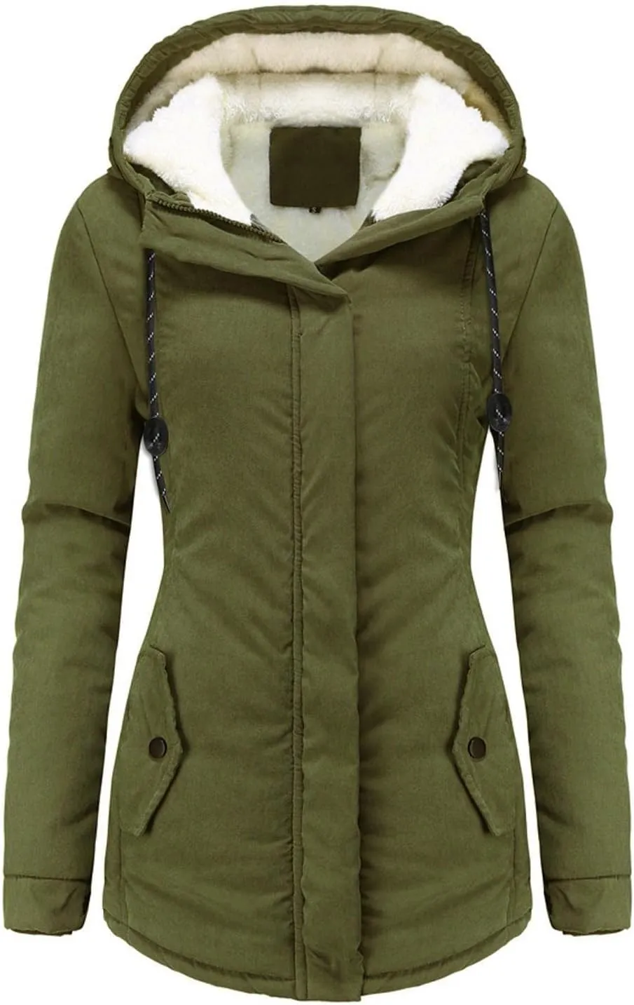 Fleece Coat for Women Long Sleeve Botton Full Zip Plain Hooded Plush Jacket with Pocket Mid Length Overcoat Fuzzy Trendy