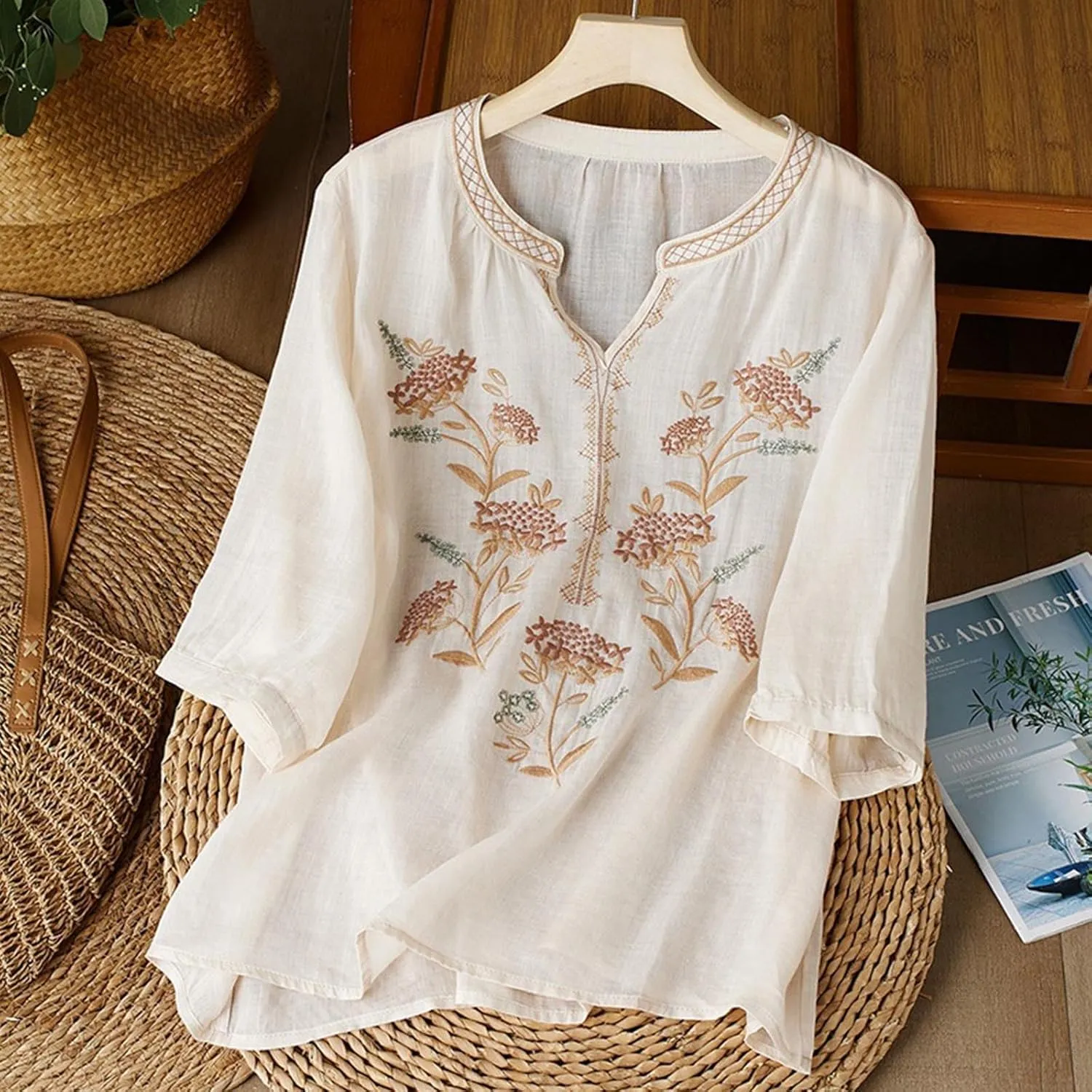 Floral Embroidery Cotton Linen Shirts Women Short Sleeve V Neck Peasant Tops Boho Ethnic Style Blouses 2025 Tshirts