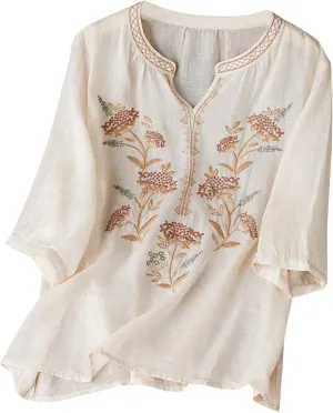 Floral Embroidery Cotton Linen Shirts Women Short Sleeve V Neck Peasant Tops Boho Ethnic Style Blouses 2025 Tshirts
