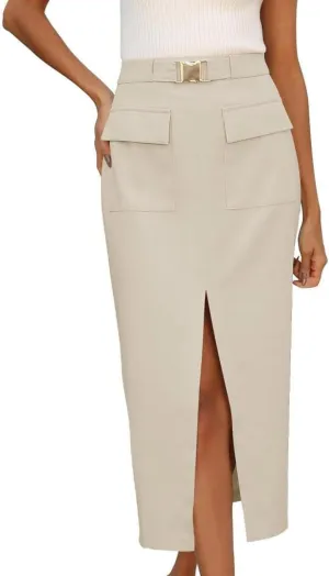 FMCHICO Women High Waisted Cargo Midi Skirt Trendy Summer Fall Pencil Slit Dressy Casual Business Work Skirts with Pockets