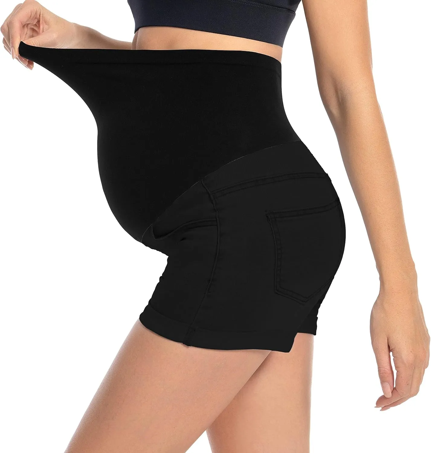Foucome Maternity Denim Shorts Over Bump Ripped Distressed Folded Hem Blue Jean Shorts Comfy Summer Pregnancy Shorts