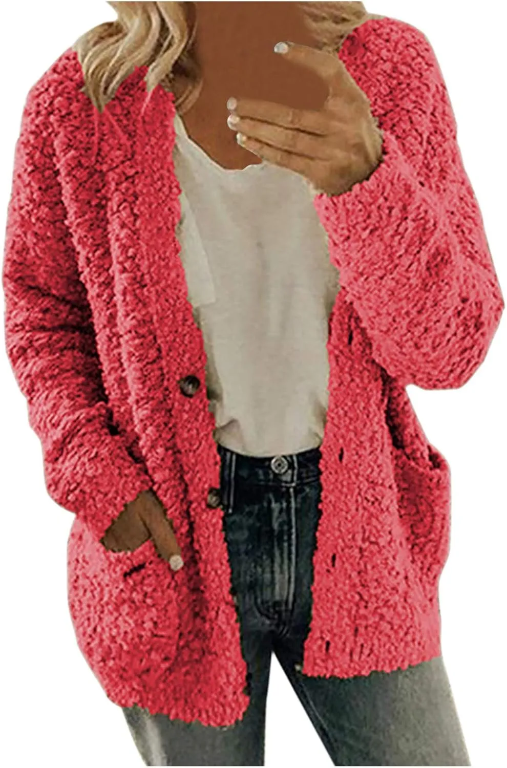 Fuzzy Fleece Jacket for Women Fashion Solid Color Loose Fit Cardigans Sweaters Button Down Open Front Plush Sweatshirt