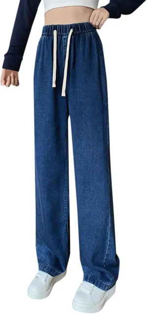 FZVYD Women's Elastic Waisted Jeans High Waisted Wide Leg with Pockets Soft Breathable Baggy 2025 Trendy Pull On Denim Pants